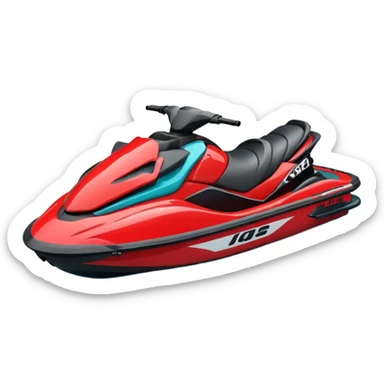 jet ski (red black and white all in the same amount. maybe a red a bit more dominant) on the sea. show the sea under the jet ski - blue with turquoise. no sky - white background instead sticker