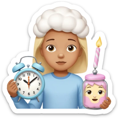 Emoji-style marshmallow test, child choosing between 1 marshmallow now and 2 later, clock above showing 15 minutes, cute lighting and pastel colors sticker