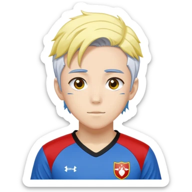 High school soccer player. Wears a uniform with red based and black on sides and yellow. His hair is a mixture of white on the top and blue on the bottom. He is a anime character from Bluelock and is Dutch. sticker