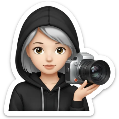 Young female, holding camera, black hoodie sticker