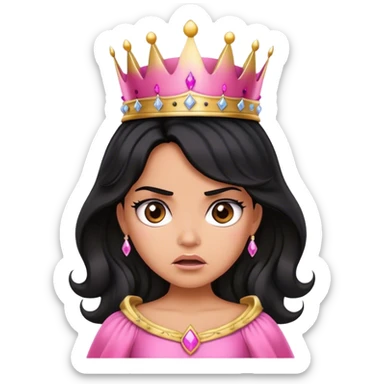 Very tanned princess, with black wavy hair and a crown, a pink princess Outfit But angry sticker