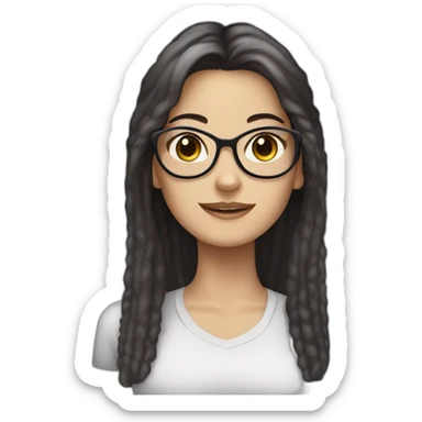 A white woman with glasses, long dark hair, brown eyes, and a grey cat sticker