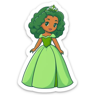 Disney Princess Tiana with extremely long black curly hair, green dress, 2c-3b curl pattern sticker
