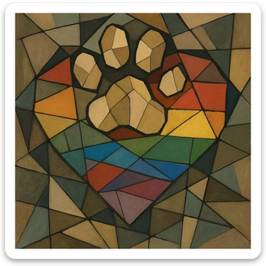 rainbow pride heart with a paw print on top, cubist abstraction style, no text sticker