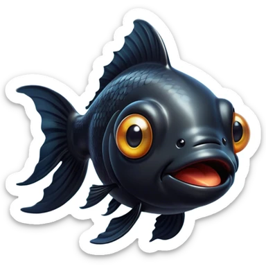 Cinematic Comical Black Goldfish Portrait Emoji, Head tilted dramatically with an exaggeratedly amused expression, featuring a striking, glossy deep black body with vibrant, fluttering fins, wide, expressive golden eyes filled with playful disbelief, Simplified yet hilariously expressive features, highly detailed, glowing with a slightly sassy glow, high shine, dramatic yet playful, stylized with an air of cheeky mischief, bright and endearing, soft glowing outline, capturing the essence of a spirited and over-the-top goldfish, so meme-worthy it feels like it could side-eye its way into internet fame instantly! sticker