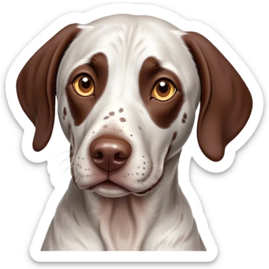 Cinematic Cute German Pointer Portrait Emoji, Head tilted playfully and inquisitively, showcasing a smooth liver and white coat with a healthy sheen, round, sparkling brown eyes filled with curiosity, Simplified yet irresistibly adorable features, highly detailed, glowing with a warm, friendly glow, high shine, affectionate and spirited, stylized with a touch of whimsy, bright and endearing, soft glowing outline, capturing the essence of a mischievous yet loving companion, so playful it feels like it could dash out of the screen and into your arms! sticker