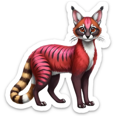 Colorful dark tropical sanguine-red, black, white iridescent glorious divine exotic cute cool beautiful shiny beautiful floral fantasy-caracal-civet-genet-sergal-vernid-Cacomistle-oncilla-animal-Fakémon-hybrid-fursona with pattern markings (full body) sticker