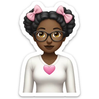 Black girl with long straight black hair and a white long sleeved top, clear glasses, pink bow in hair, white heart necklace sticker