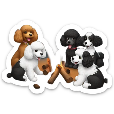 Black and white poodles gathered around campfires sticker