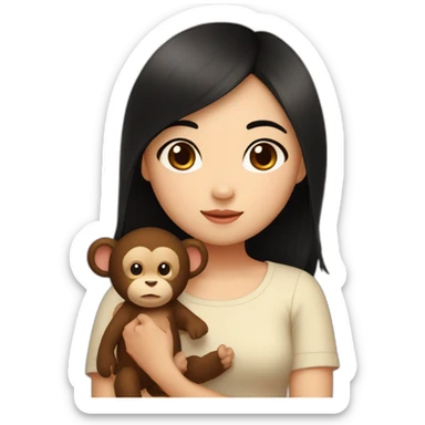 Asian girl with brown eyes and middle black hair and cute top cuddling a brown lovely monkey sticker