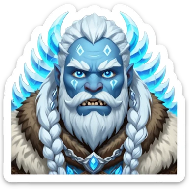 Legendary fantasy orc Christmas portrait icon, Frostfather and Snow Maiden inspired, primal winter god style, massive icy beard, glowing blue eyes, heavy fur coat, tribal frost runes, powerful brutal presence, blizzard atmosphere, clean stylized emoji icon, male/female variant
 sticker
