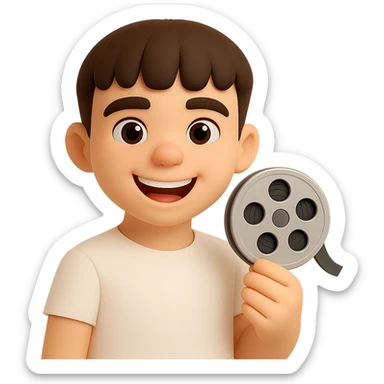 Make the character look happier and with a lighter skin tone, keeping the same 3D cartoon style. Keep the film reel and white shirt. Preserve the transparent background. sticker