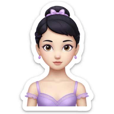 Cinematic Realistic ballerina Light Purple Portrait, depicted with lifelike skin texture, subtle rosy undertones, and soft natural lighting that enhances the gentle contours of her face. Her intricately detailed sweet black hair is elegantly styled, sticker