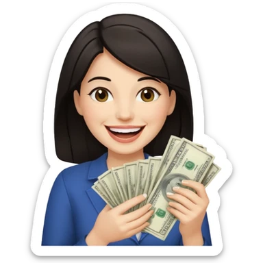 laughing dark haired woman holding lots of money sticker