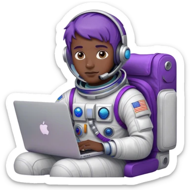 guy astronaut with purple suit, blue eyes, short purple hair and one macbook sticker