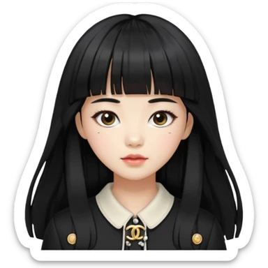 Chica con flequillo coreana pelo negro largo con ropa de Chanel sticker