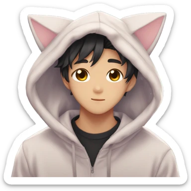 Gorgeous romantic anime style Asian shojo guy with cat ears and blushing face and hoodie aesthetic trending style outside sticker