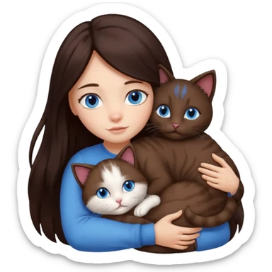 a girl with long dark 
brown hair, with blue eyes, hugs 3 different natural coloured cats sticker