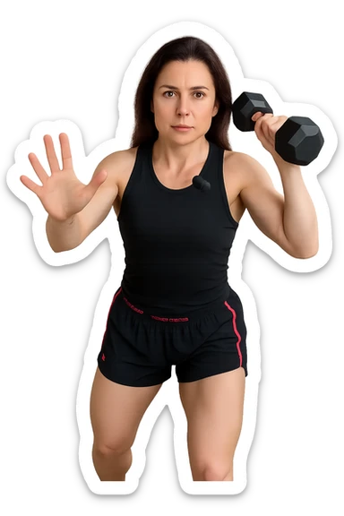 Allenamento ad alta intensità donna mentre fa pesi con in mano due manubri sticker