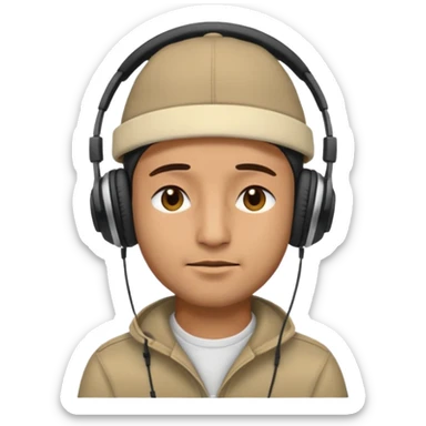 Half body man wearing topi and headphones, eyes closed, realistic emoji style. sticker