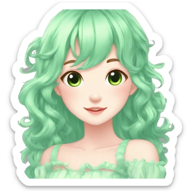 Gorgeous Beautiful Blushing Petite Pastel-Fairy-Anime-Green-Pastel-Girl with pretty hair aesthetic sticker