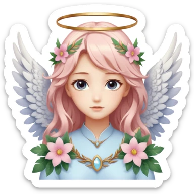Romantic Dreamy pretty pastel anime flowers feathers wings angelic laurel lady with pretty hair and gorgeous eyes aesthetic sticker