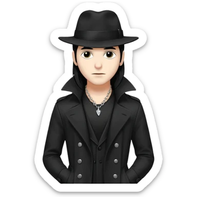 Male Goth with Fedora
 Sleek long hair, white skin, black trench coat, silver necklace visible under coat sticker
