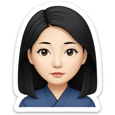 50 yr old asian woman, straight thick long black hair, big black, side part,  sticker