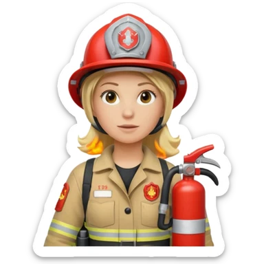 Firefighter with respiratory protection, blonde female, with fire extinguisher sticker