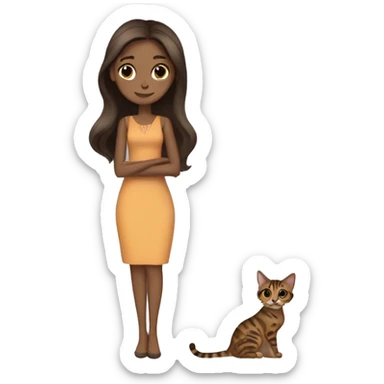 Beautiful skinny woman long dark brown hair in dress hug bengal cat sticker