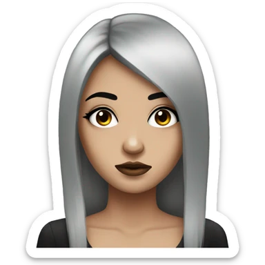 Emo woman with eyeshadow, black long hair, one eye covered by her hair sticker