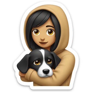 A girls wearing a cozy hoodies cuddling with her dog with black hair and brown eyes and tan skin sticker