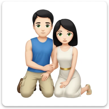 Man as prince, upright, black Hair, blue eyes, woman, blonde, green eyes, shott white sleveless Dress, kneeling, background palace sticker