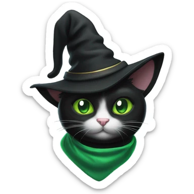 Black cat with green eyes and a wizard hat sticker