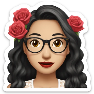Asian girl, smiling with teeth, fair skin, black long hair, black eyes, black glasses with gold frames, red lipstick, wearing a white lace tank top and a black office jacket on top, with pink and red roses around her sticker