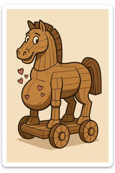 classic wooden trojan horse, pregnant with visible baby belly and small hearts, friendly style sticker
