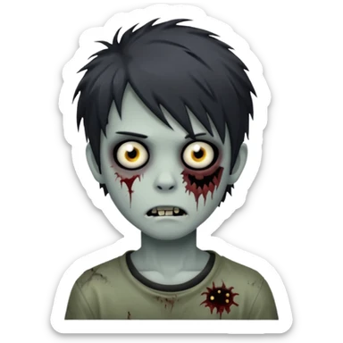 boy zombie with black, messy emo hair, pale skin, eerie and unsettling, creepy face sticker