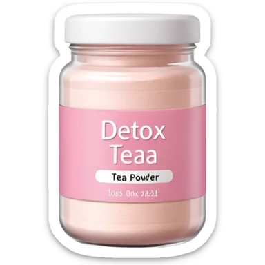 White jar of detox tea powder with pastel pink label, soft shadows sticker