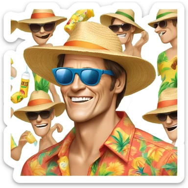 jim carrey beach shirt sun glasses sunscreen and beach hat  sticker