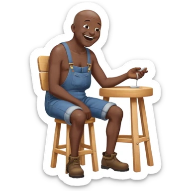 Side view Laughing telling story Old bald black man sitting on stool wearing overalls no shirt. he is blind sticker