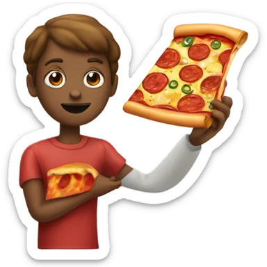 Una persona confundida con pizza de peperoni en una mano y en la otra una pizza de tocineta sticker
