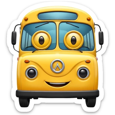 Front view of a bus with a cheerful smiling face, expressive eyes integrated into the windshield, glossy 3D animation style, Pixar-inspired, vibrant colors, soft shadows, cinematic lighting, ultra detailed, 4k render sticker