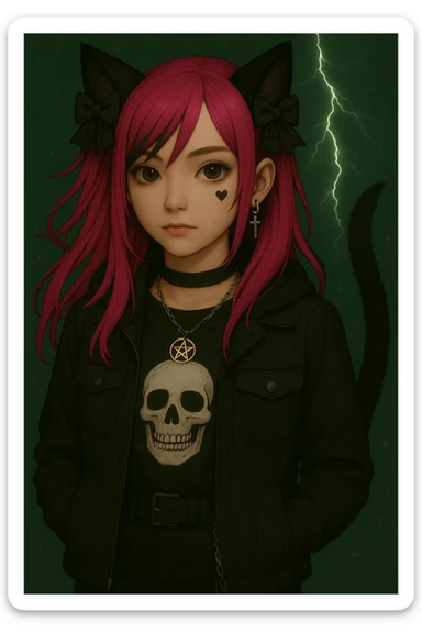 Edit the image to have a small, clear heart face tattoo under her left eye. Keep the modern streetwear outfit, emo style, pink hair, dark magical accessory, sparkles, stormy background, and normal face. Render in a realistic anime style. sticker