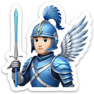 soldat en armure légère de couleur argentée et bleue, presque translucide, tenant une lance ornée d'un cristal. Son casque est stylisé avec des plumes d'oiseau. Il se tient devant un fond de nuages vaporeux. sticker