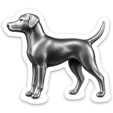               Apply a high-end, photorealistic metallic chrome material to the provided {subject}. The material should have a smooth, slightly curved surface with subtle reflections and soft shadows, resembling brushed or polished silver metal. Preserve the exact shape, proportions, and design of the original object. Set it against a solid black background (#000000) in 8K resolution. The lighting should enhance the beveled edges and reflective highlights, creating a sleek, premium finish. {subject} = dog pointing left sticker