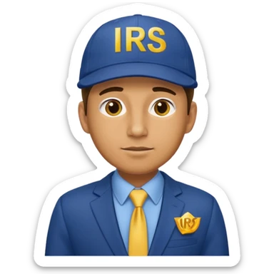 a man dressed in a blue suit with a cap on that says IRS in yellow letters sticker