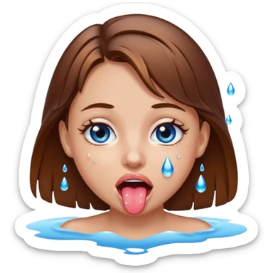 Girl with brown hair, blue eyes, a wet face and her tongue out. Can you make her face more wet? Can you add clear water droplets on her face and tongue? sticker