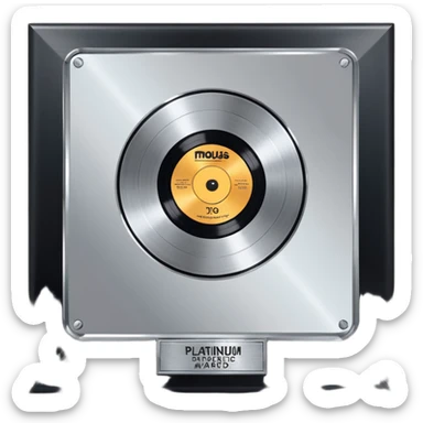 A platinum music award plaque: a square, polished platinum plate with a subtly textured, mirror-like finish, mounted on a simple dark metal base. The center features a relief of a or stylized vinyl record in a slightly darker metallic tone.  sticker