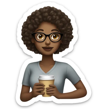 black girl with curly hair and glasses drinking coffee sticker