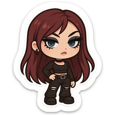 emo alternative girl with burgundy long hair, pale skin, blue eyes, pretty bratz baddie look, strong black eyeliner and lashes, stylish and bold sticker
